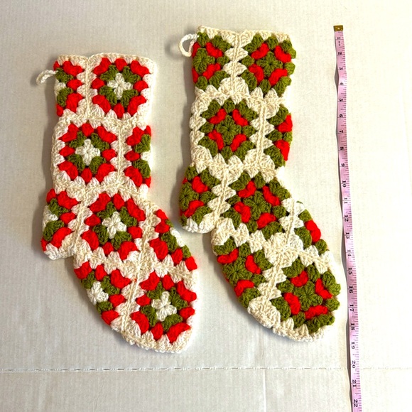 2PC Handmade Red and Green Granny Square Christmas Stockings.